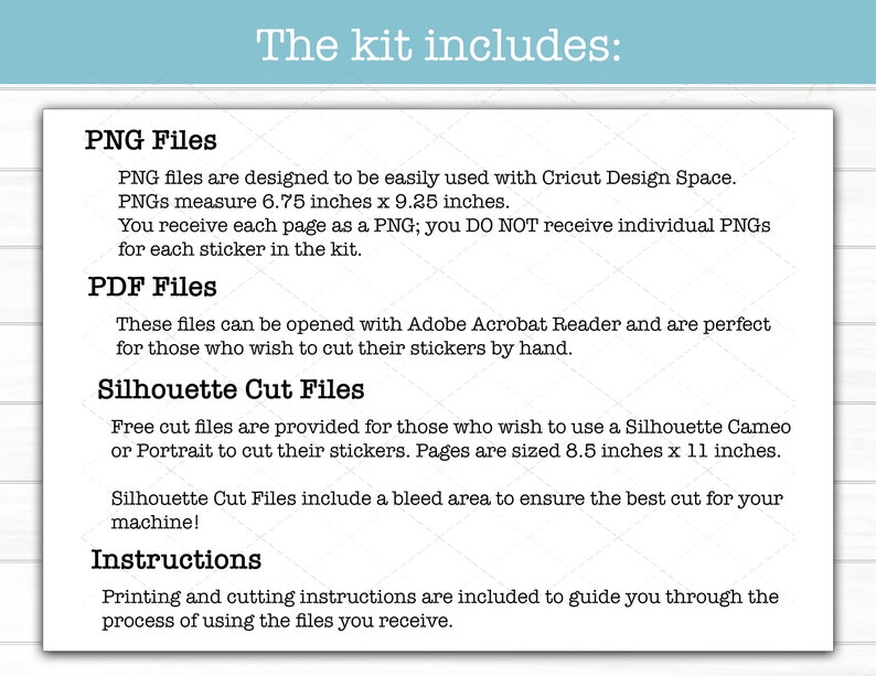 Op de afbeelding: Een witte achtergrond met tekst die luidt: "De kit bevat:", gevolgd door details over PNG-, PDF- en Silhouette-snijbestanden. PNG's meten 17,1 x 23,5 cm en pagina's zijn 21,6 x 27,9 cm. Instructies zijn inbegrepen.