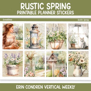 Op de afbeelding: Printbare plannerstickers met een rustiek lentethema. De vellen bevatten aquarel illustraties van een vrouw met een konijn, een lantaarn, hangende bloemen, een kat en bloemstukken. Tekst bevat "Rustic Spring" en "Erin Condren Vertical Weekly."
