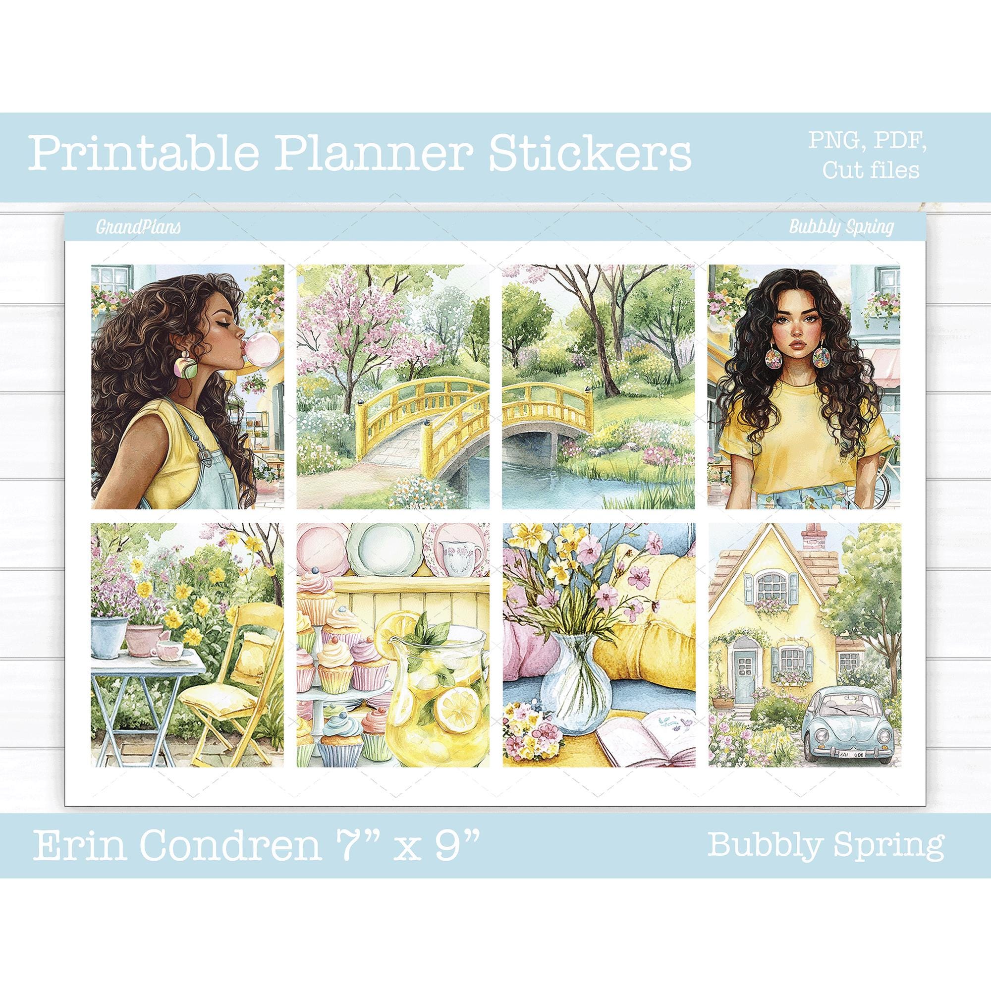 Printable Planner Stickers,  Bubbly Spring Weekly Sticker Kit, Erin Condren Planner Stickers, Vertical Sticker Kit, Cut File, Cricut PNG