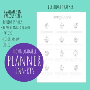 Birthday Tracker Page | Downloadable Planner Insert |  Birthday Printable Planner Page | Junior Size, Happily Planner Classic & 7x10