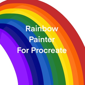 以下が含まれることがあります： 虹色の弧に「Rainbow Painter for Procreate」という白いテキストが書かれています。