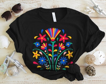 Camiseta colorida de flores, otomía mexicana floral, tops mexicanos