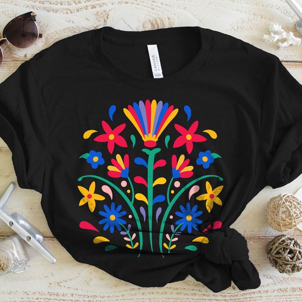 Camiseta colorida de flores, otomía mexicana floral, tops mexicanos