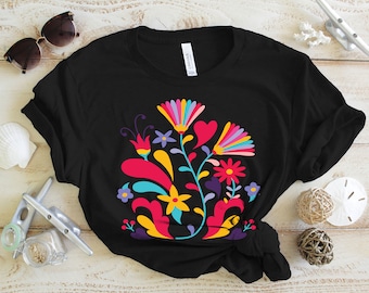 Camisa otomí mexicana, regalo de camisa de flores mexicanas, camisetas florales de colores