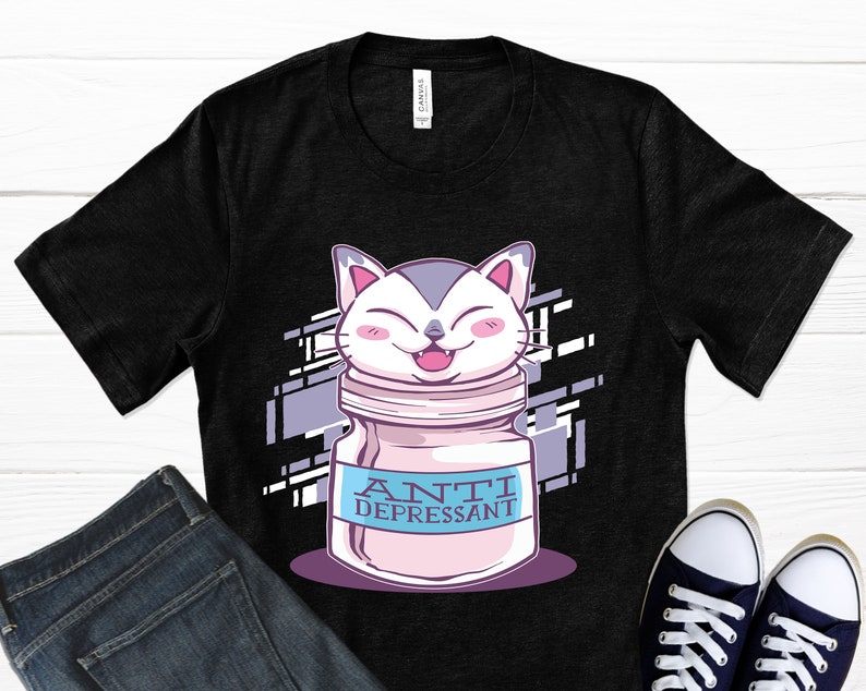 Graphic T-Shirt Kawaii Cat Pill Bottle Cat Lover Gift Mental Health Shirt Anti Depressive Cat T-Shirt Fur Mama Shirt