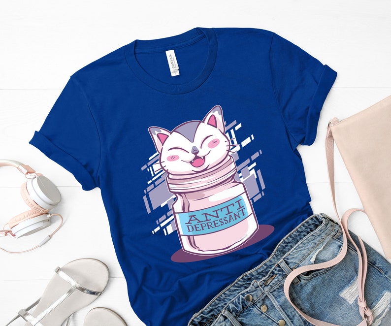 Graphic T-Shirt Kawaii Cat Pill Bottle Cat Lover Gift Mental Health Shirt Anti Depressive Cat T-Shirt Fur Mama Shirt