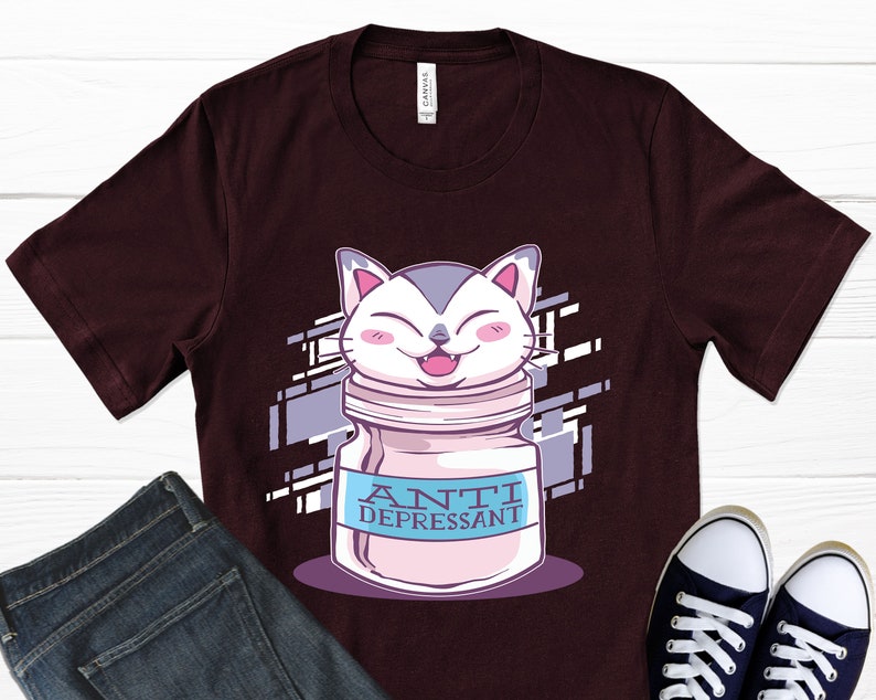 Graphic T-Shirt Kawaii Cat Pill Bottle Cat Lover Gift Mental Health Shirt Anti Depressive Cat T-Shirt Fur Mama Shirt