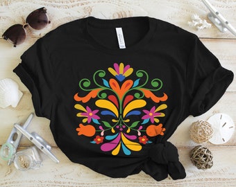 Camisa otomí mexicana de color brillante, regalo de camisa de flores mexicanas, camisetas florales coloridas