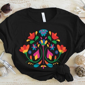 Colorful Mexican Otomi Flower T-Shirt for Women, Floral Mexican Art Otomi Style