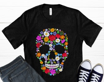 Calavera Flower Sugar Skull Shirt, Day of the Dead, Dia de Muertos, Floral Mexican Mother Gift