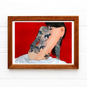 Girl with Peony Tattoos Watercolor Art Print , Wall Art , Japanese Art , Figure Painting, Nature Inspired Art, Japanese Tattoo Art Painting