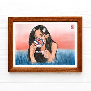 Watercolor Art Print , Wall Art , Japanese Art , Figure Painting, Nature Inspired Art, Japanese Inspired Painting , Porcelain Teacup