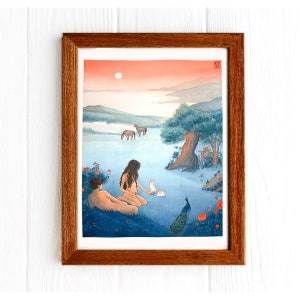 Garden of Eden Watercolor Art Print , Wall Art , Figure Painting, Nature Inspired Art, Japanese Inspired Painting , Christian Biblical Art