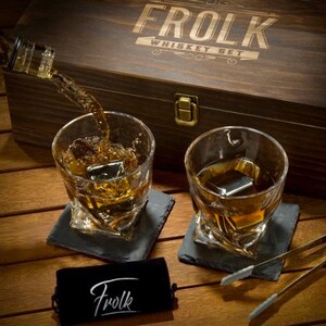 Premium Whiskey Set with Stones, Coasters, Tongs in Wood Presentation Box-  Fathers Day Gift, Husband Gift,  Father gift, Boyfriend Gift