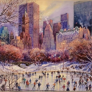 Central Park Ice Skating Art Print NYC Skyline Bridge Wollman Rink Plaza NYC