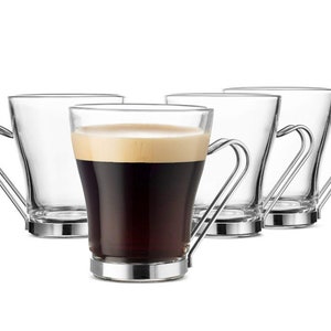 Vintage Bormioli Italy Tempered Glass and Stainless Steel Oslo Coffee Cups Glass Inserts Stainless Holders - Set of (4)