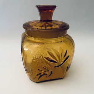 Vintage L.E. Smith Sandscroll Pattern Amber Glass Jar, Canister w/Ground Glass Lid