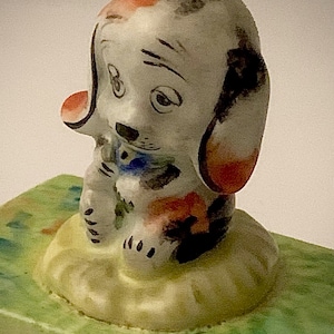 Vintage Limoges Peint Mein Black and Orange Spotted Puppy on Green Trinket Box / Peint Mein Limoges SIGNED