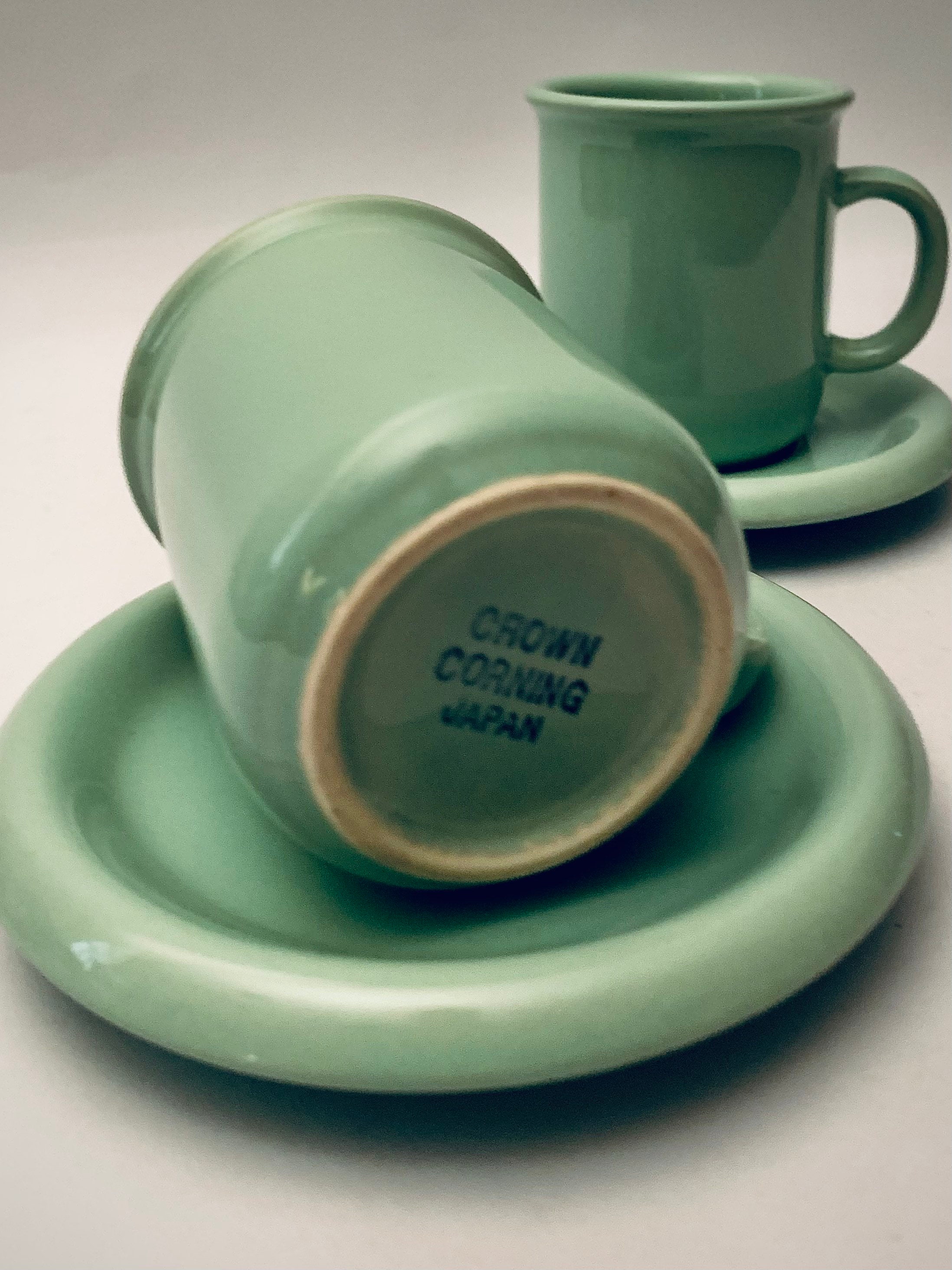 Vintage Crown Corning Japan Green Ceramic Coffee Mugs