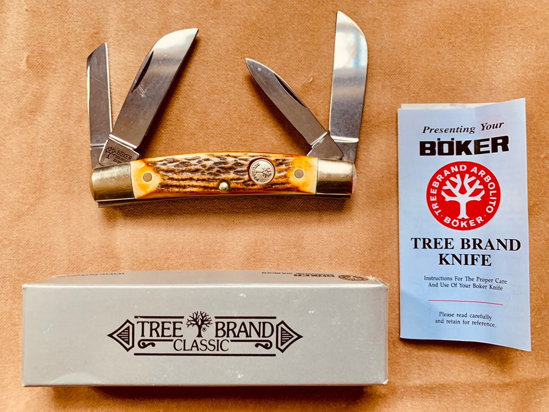 Boker Tree Brand, 4 Blade Folding Pocket Knife Stag Handle Solingen Steel  5464 HH With Original Box 