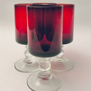 Elegant Arcoroc France Water / Wine Glasses with Bubble Stem in Cavalier Ruby, Blown Glass - Set of (4)