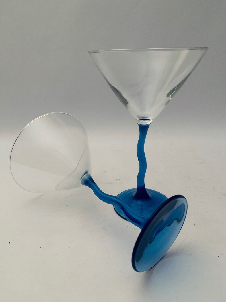 Vintage Wiggle Wavy Crooked Blue Stem Martini Glasses Set of Etsy