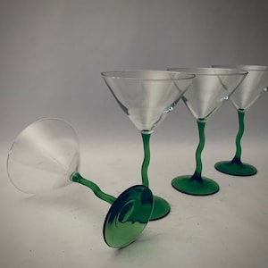 Vintage Libbey Courbe Wiggle Wavy Crooked Green Stem Martini Glasses - Sold as Set of (2)