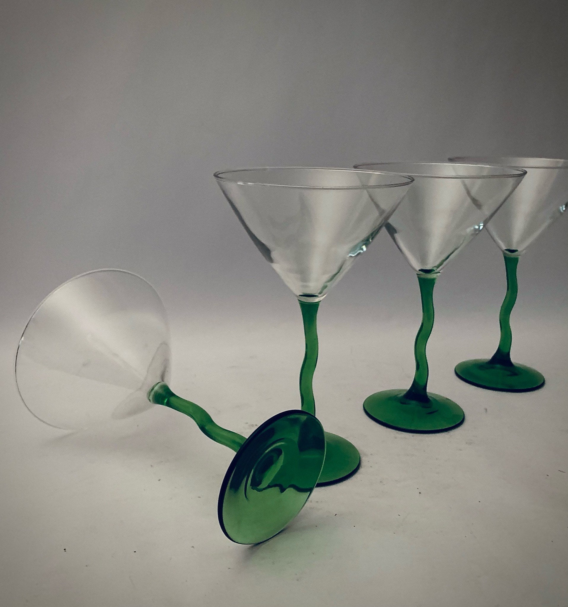 Vintage Wiggle Wavy Crooked Green Stem Martini Glasses Set of 4 