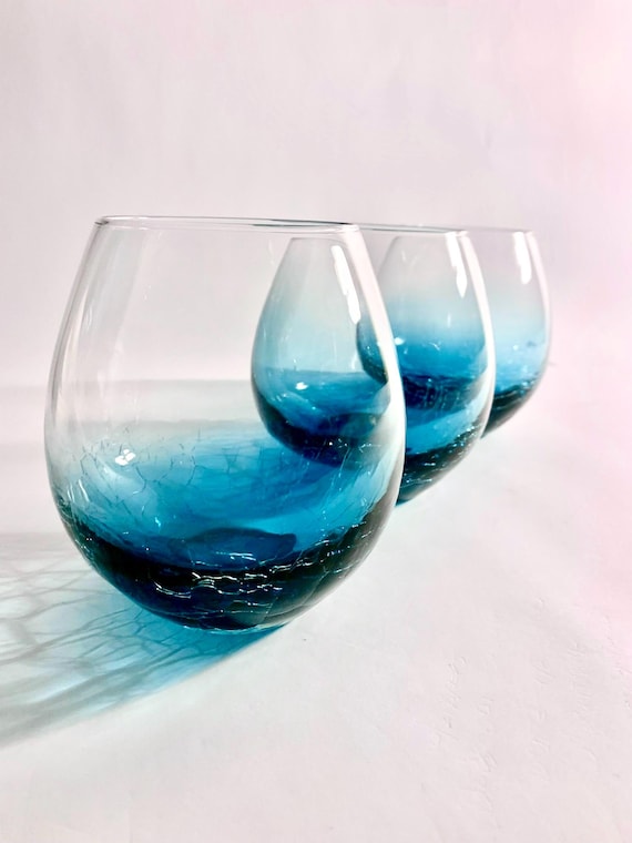 Blue Stemless Wine Glasses Set  Vintage Crackle Glassware  Bar Cart  Decor, Hostess Gift - Set of 3