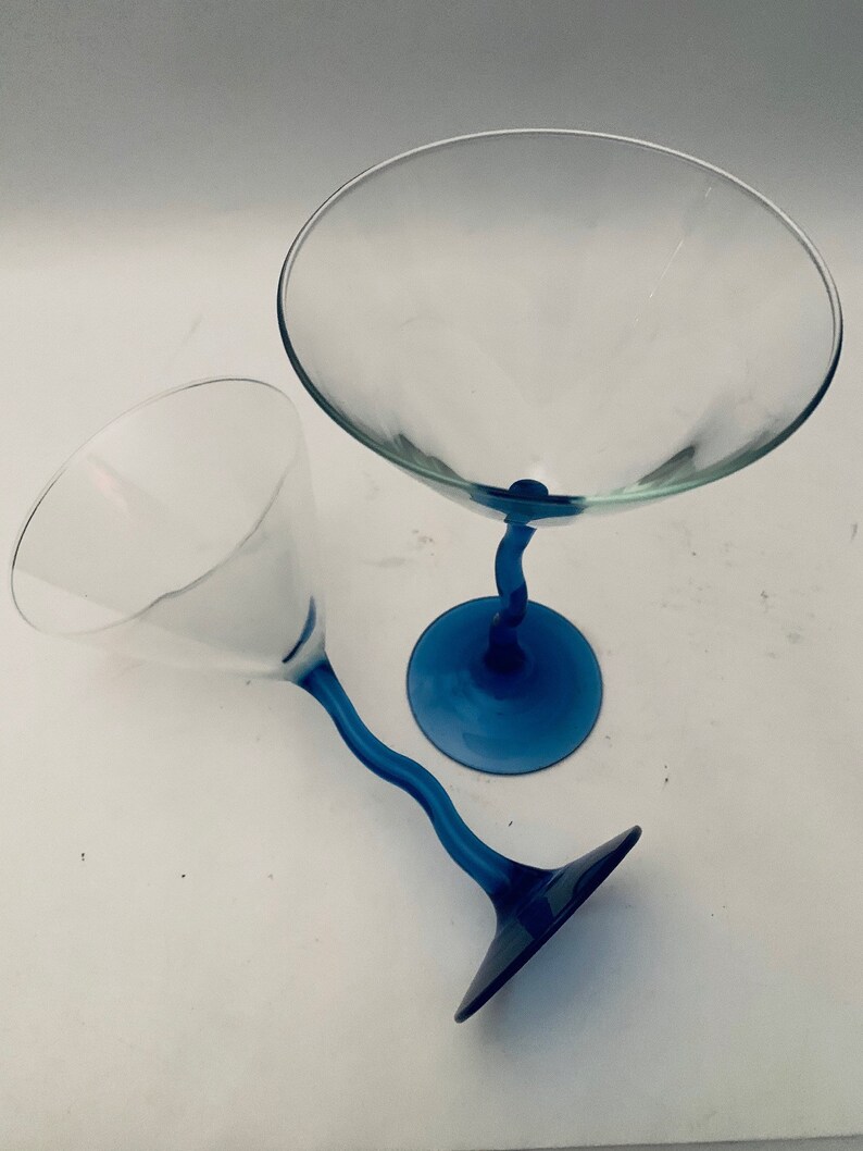 Vintage Wiggle Wavy Crooked Blue Stem Martini Glasses Set of Etsy