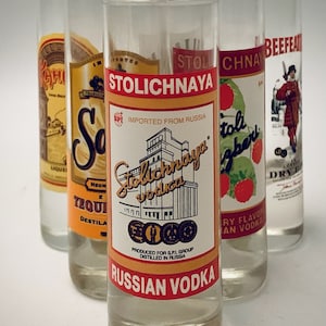 Fun Vintage 2oz Shot Glasses w/  Liquor Bottle Logos l Classic Shot Collection l Rum, Vodka,  Scotch, Whiskey, Tequila Shooters - Set of (6)