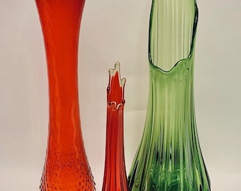 Vase vintage en verre de style Empoli, décor rétro MCM, vendu séparément
