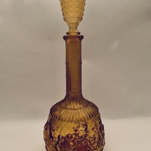 Vintage Mid Century Modern 1960’s Italian Empoli Amber Glass Zodiac Decanter, Zodiac Geni Bottle with Stopper