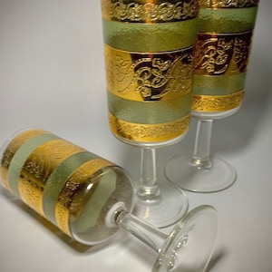 Vintage MCM Culver Starlyte Cordial Glasses, 22k Gold Green, Set of 3