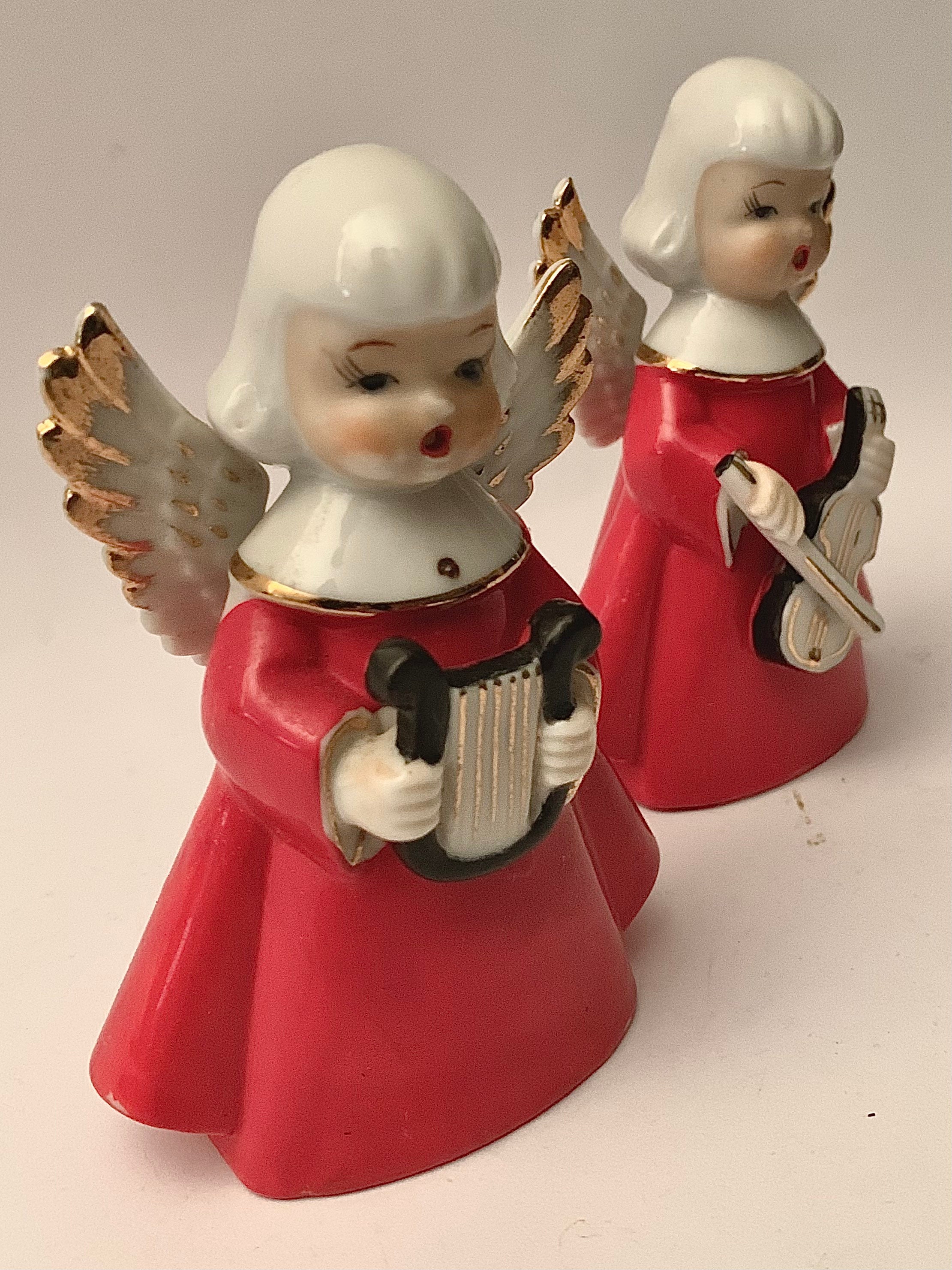 Vintage Handpainted Christmas Angel Figurines Playing Musical Instruments - Set of (2)