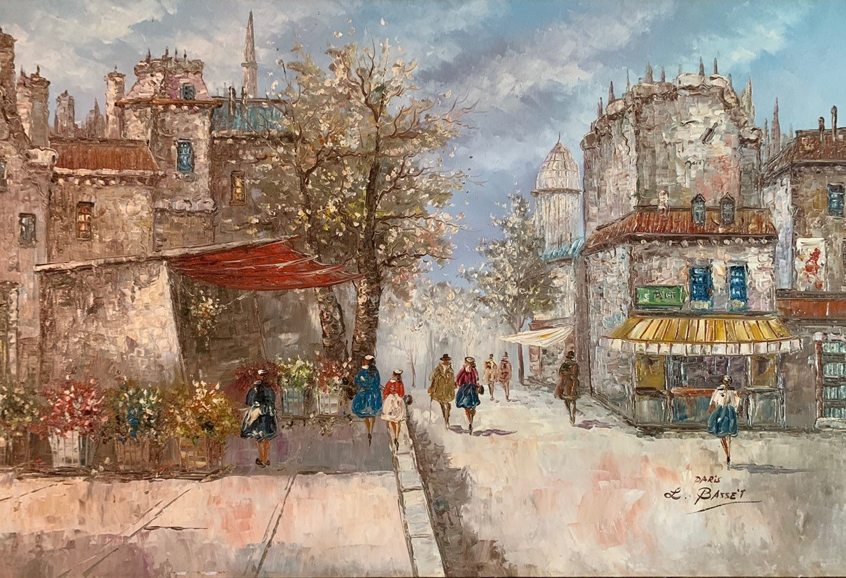 Mid Century Painting Louis Bassett Paris Street Scene Oil on
