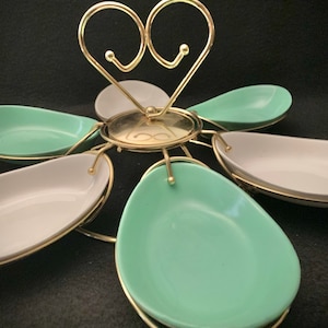 Vintage Mid Century Modern Green and White Maddux Pottery California USA Brass Lazy Susan