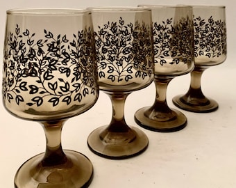 Vintage Libbey Charleston Brown Floral Wine Glasses - Sold as Set of (4)