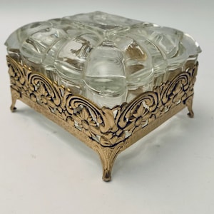 Vintage Midcentury Modern Hollywood Regency Cut Glass Cigarette Holder 1950’s Ormolu Heavy Glass Jewelry Casket Trinket Box