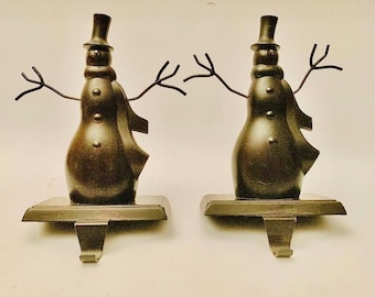 Rustic Farmhouse Bronze Toned Snowman Stocking Holders - Set of 2