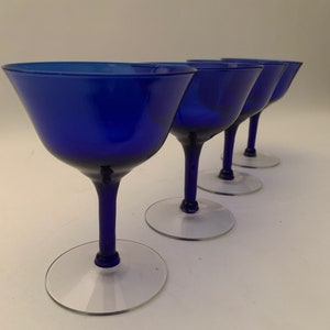 Vintage Cobalt Blue Cocktail / Coupe Glasses with Clear Stem - Set of (4)