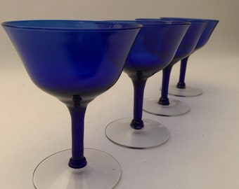 ヴィンテージ コバルトブルー カクテル/クーペグラス クリアステム付き - 4個セット