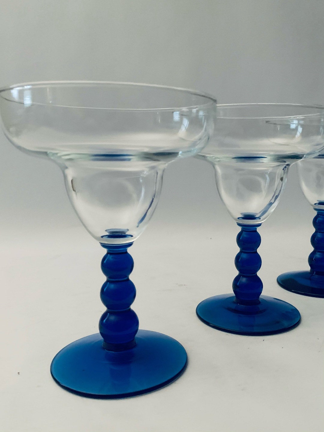 Vintage Large Graduated Blue Ball Stem Margarita Glasses Set Etsy