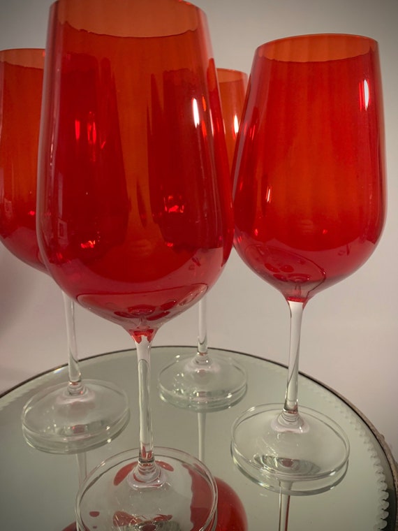 Vintage Tall Red Ribbed Large Bowl Wine Glasses Clear Stem Set of