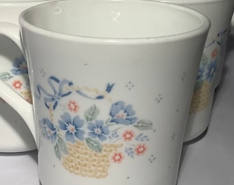 Corning Ware Country Cornflower Blue Flower Basket Cup Mug - Set of (4)