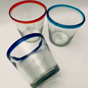 Hand Blown Glass Double Old Fashion (DOF) Glasses w/ Colored Rims - Set of (3)