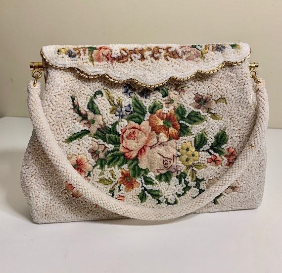 Vintage 1930's Beaded and Embroidered Handbag / Pu