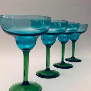 Vintage Turquoise Teal Blue Bowl Green Stem Margarita Glasses - Set of (4)