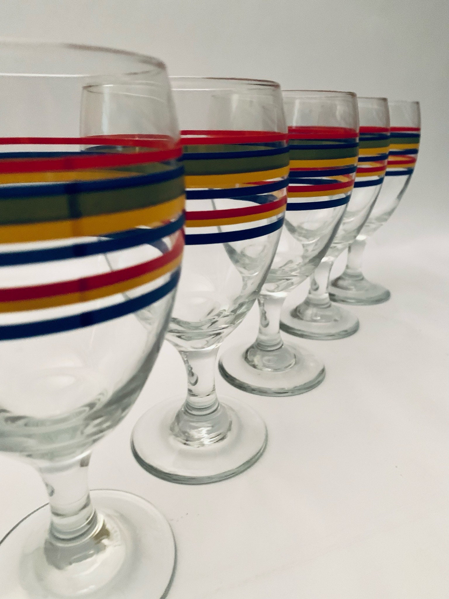 Vintage Pastel Striped Stemmed Water/wine Glasses Set of 8 