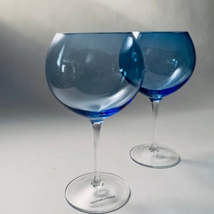 Vintage Crystal Blue Clear Stem Hand Blown Wine Glasses - Set of (2)